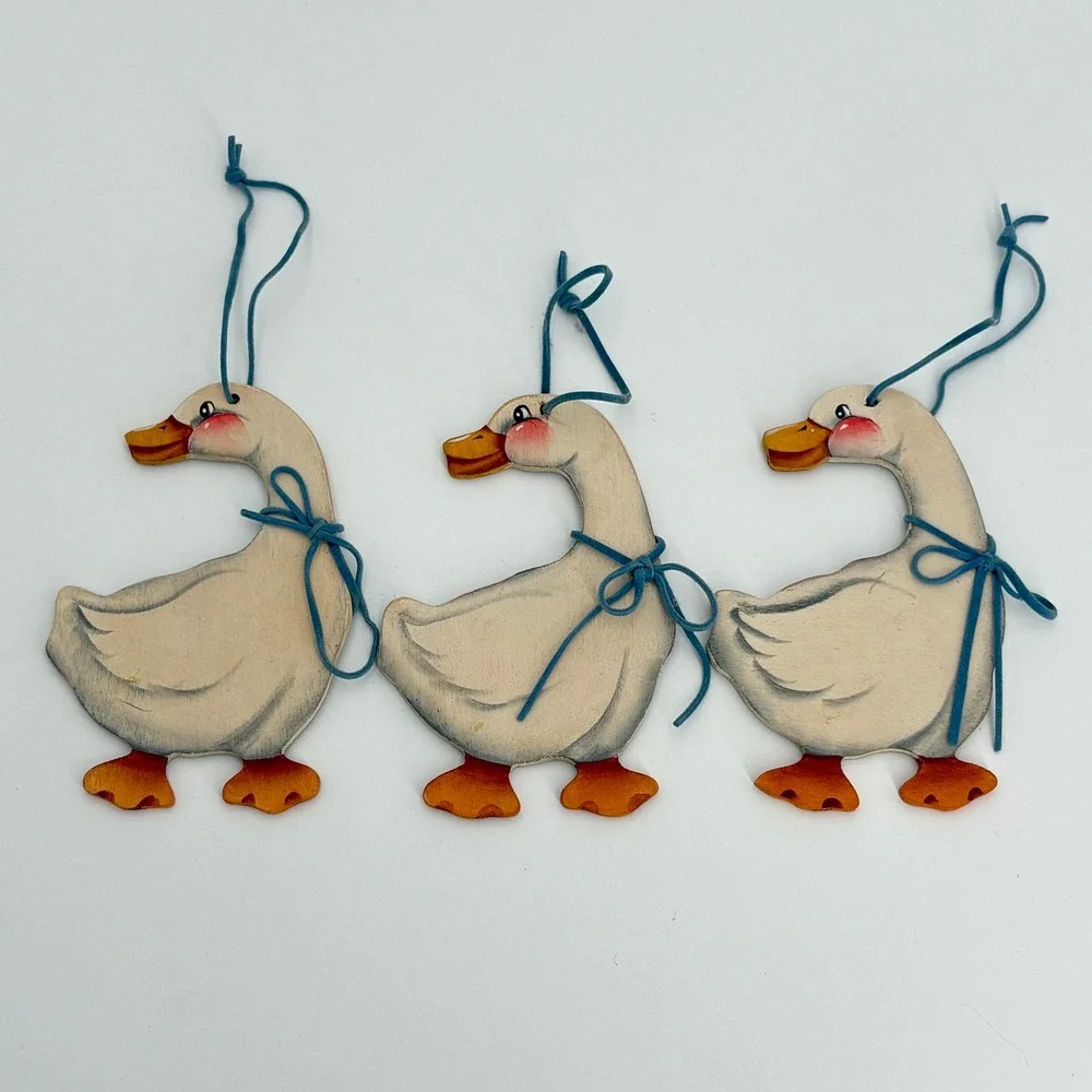 Vintage Country Goose Ornaments Set of 3 Wooden Blue Ribbon Grandmacore Handmade